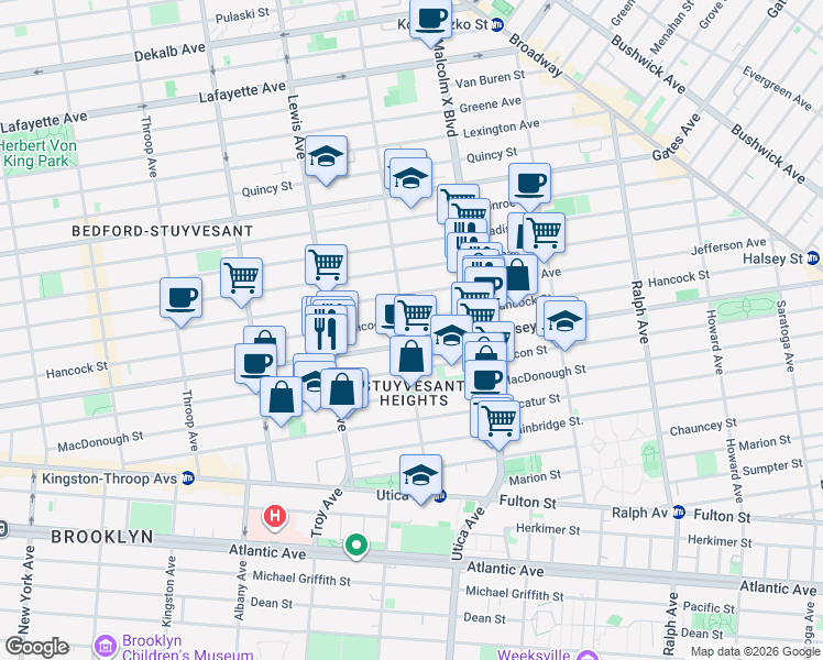 map of restaurants, bars, coffee shops, grocery stores, and more near 297 Stuyvesant Avenue in Brooklyn