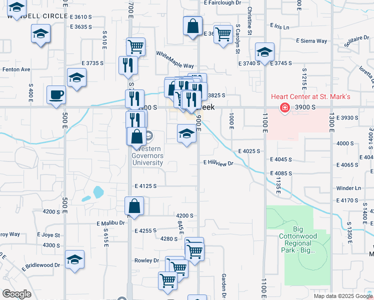 map of restaurants, bars, coffee shops, grocery stores, and more near 4020 900 East in Millcreek