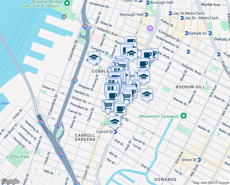 map of restaurants, bars, coffee shops, grocery stores, and more near 288 Brooklyn Bridge Boulevard in Brooklyn