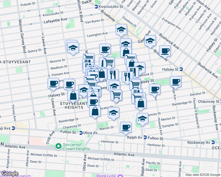 map of restaurants, bars, coffee shops, grocery stores, and more near 682 Halsey Street in Brooklyn