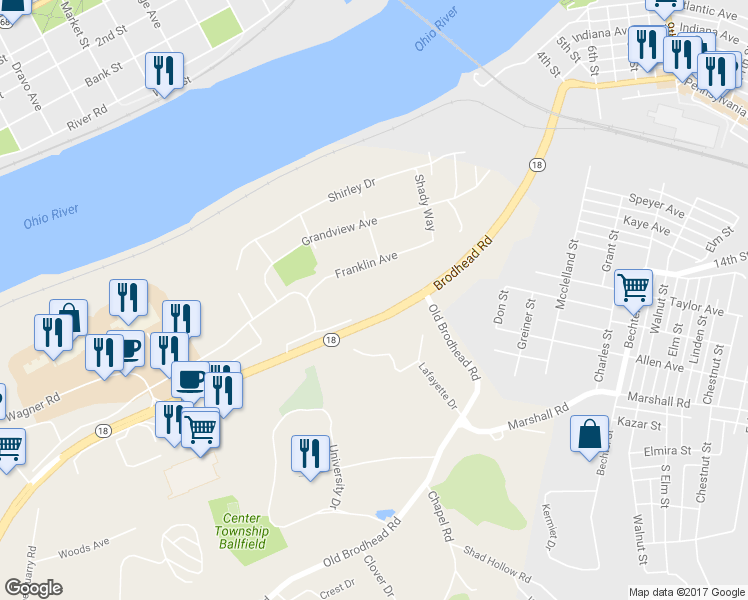 map of restaurants, bars, coffee shops, grocery stores, and more near 132 Franklin Avenue in Monaca