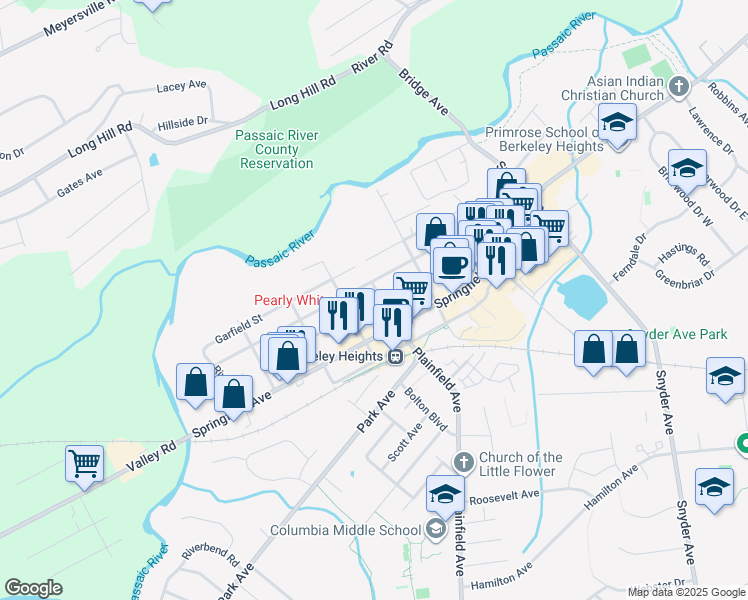 map of restaurants, bars, coffee shops, grocery stores, and more near 212 Washington Street in Berkeley Heights