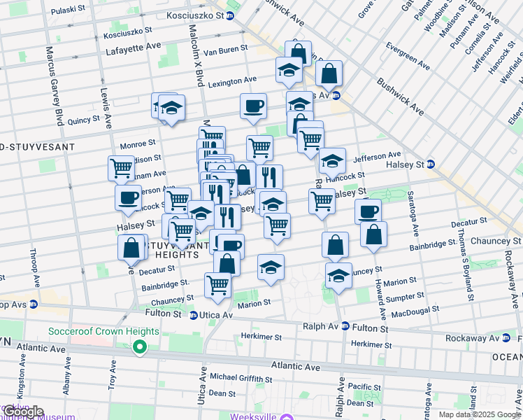 map of restaurants, bars, coffee shops, grocery stores, and more near 678 Halsey Street in Brooklyn