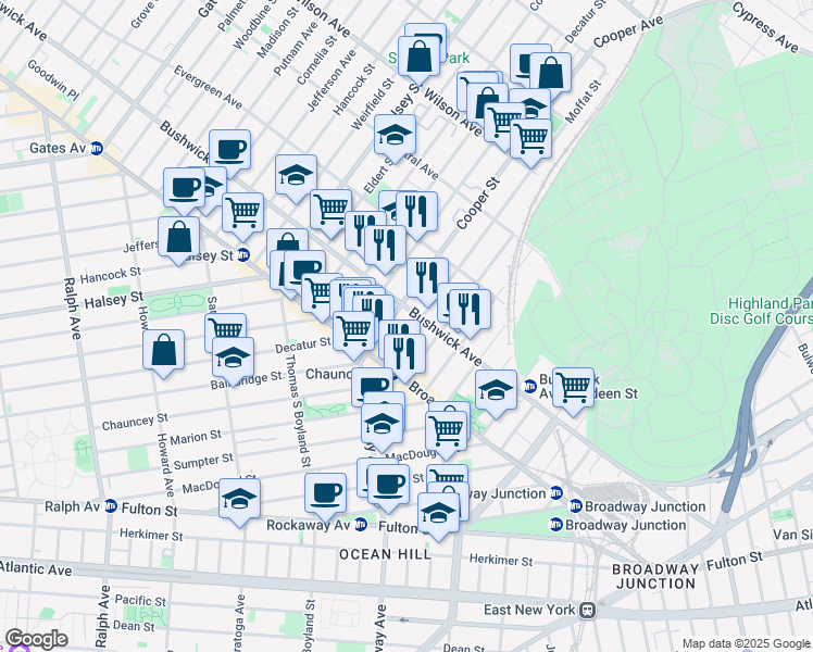 map of restaurants, bars, coffee shops, grocery stores, and more near 45 Moffat Street in Brooklyn