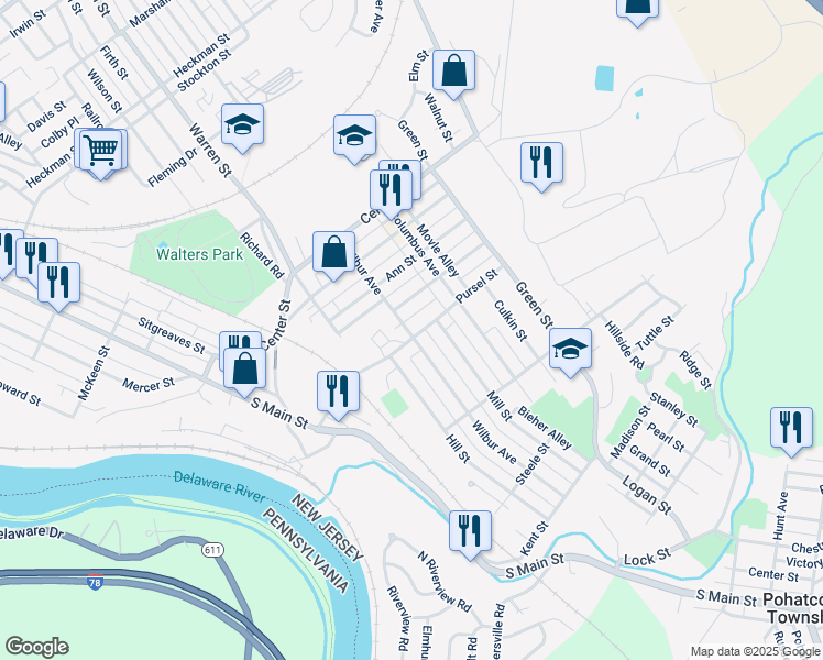 map of restaurants, bars, coffee shops, grocery stores, and more near 363 Pursel Street in Phillipsburg