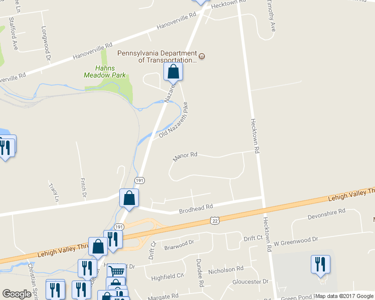 map of restaurants, bars, coffee shops, grocery stores, and more near 3625 Manor Road in Bethlehem