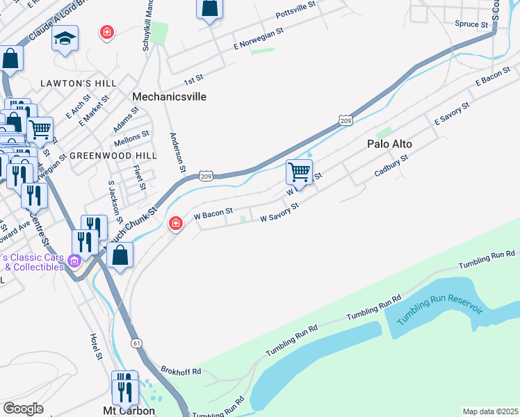 map of restaurants, bars, coffee shops, grocery stores, and more near 238 West Bacon Street in Pottsville