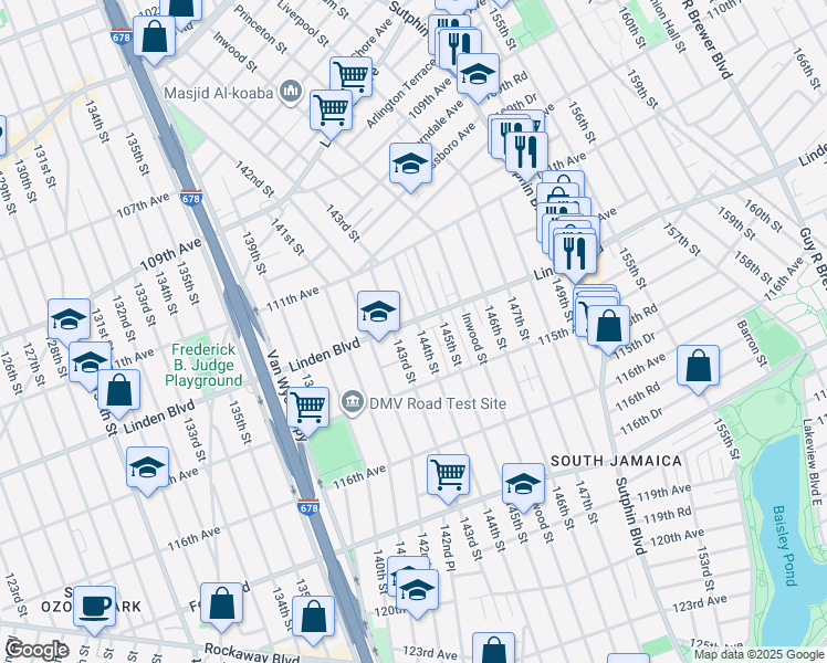 map of restaurants, bars, coffee shops, grocery stores, and more near 114-04 144th Street in Queens