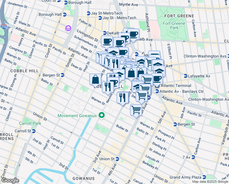 map of restaurants, bars, coffee shops, grocery stores, and more near 268 Dean Street in Brooklyn