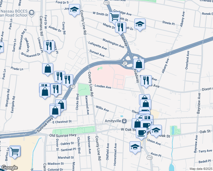 map of restaurants, bars, coffee shops, grocery stores, and more near 81-133 Louden Avenue in Amityville