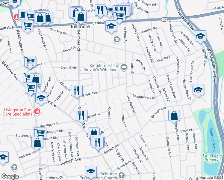 map of restaurants, bars, coffee shops, grocery stores, and more near 2788 Maple Avenue in North Bellmore