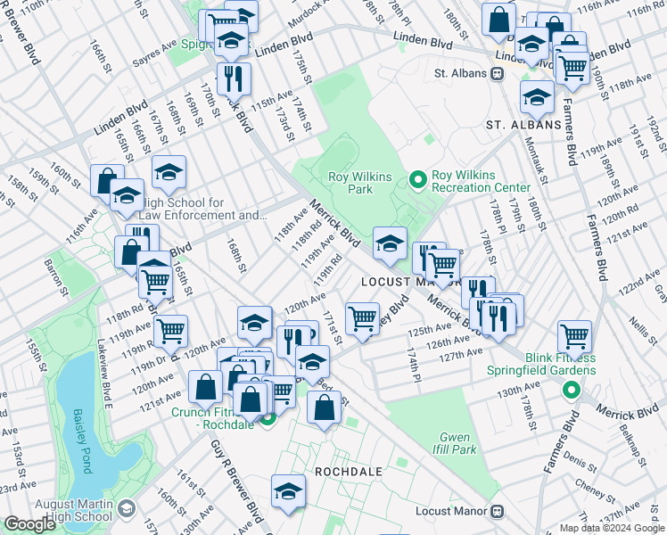 map of restaurants, bars, coffee shops, grocery stores, and more near 171-48 119th Road in Queens