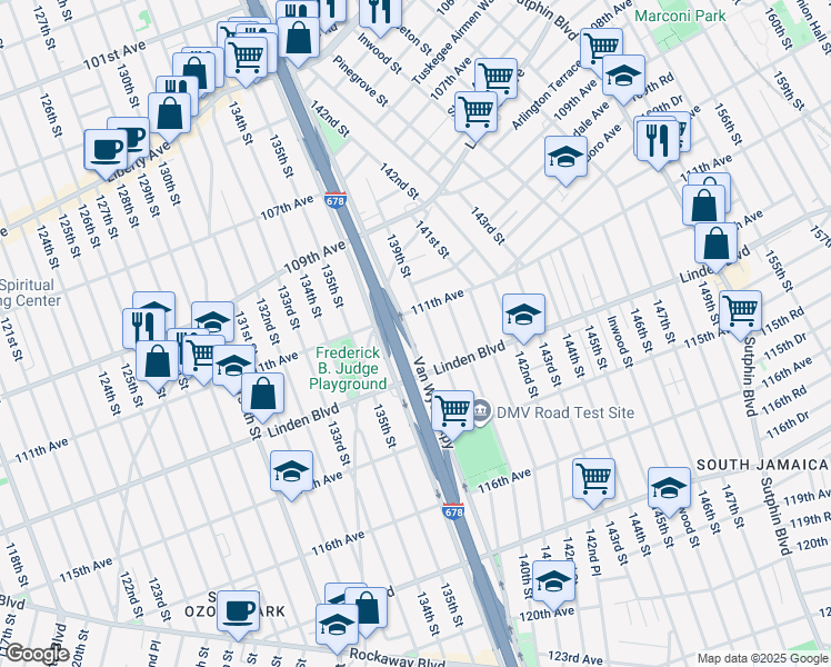 map of restaurants, bars, coffee shops, grocery stores, and more near 111-11 Van Wyck Expressway in Queens