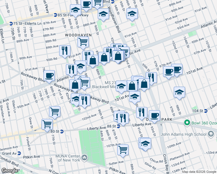map of restaurants, bars, coffee shops, grocery stores, and more near 88-07 97th Avenue in Queens