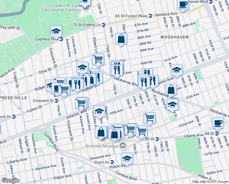 map of restaurants, bars, coffee shops, grocery stores, and more near 92-51 75th Street in Queens