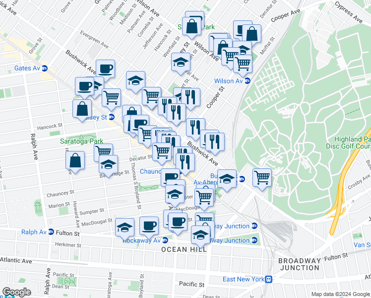 map of restaurants, bars, coffee shops, grocery stores, and more near 1408 Bushwick Avenue in Brooklyn
