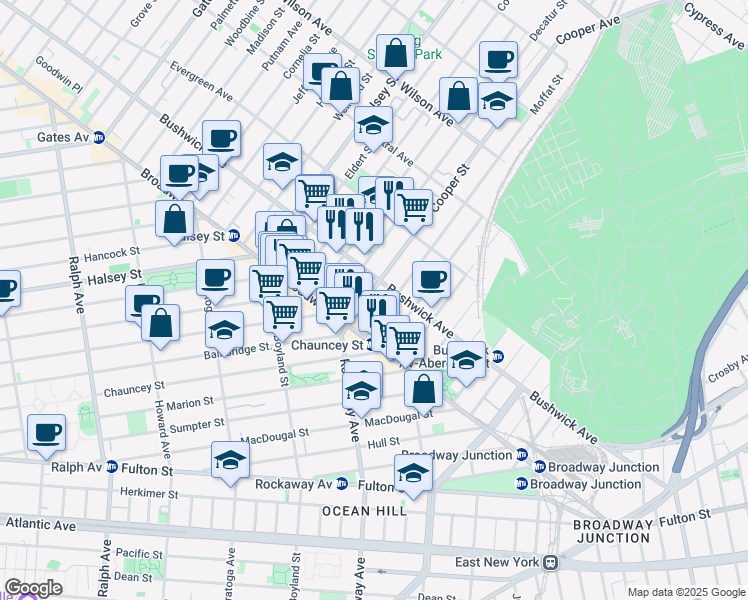 map of restaurants, bars, coffee shops, grocery stores, and more near 35 Cooper Street in Brooklyn