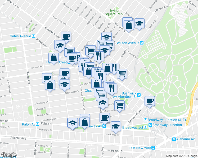 map of restaurants, bars, coffee shops, grocery stores, and more near 35 Cooper Street in Brooklyn