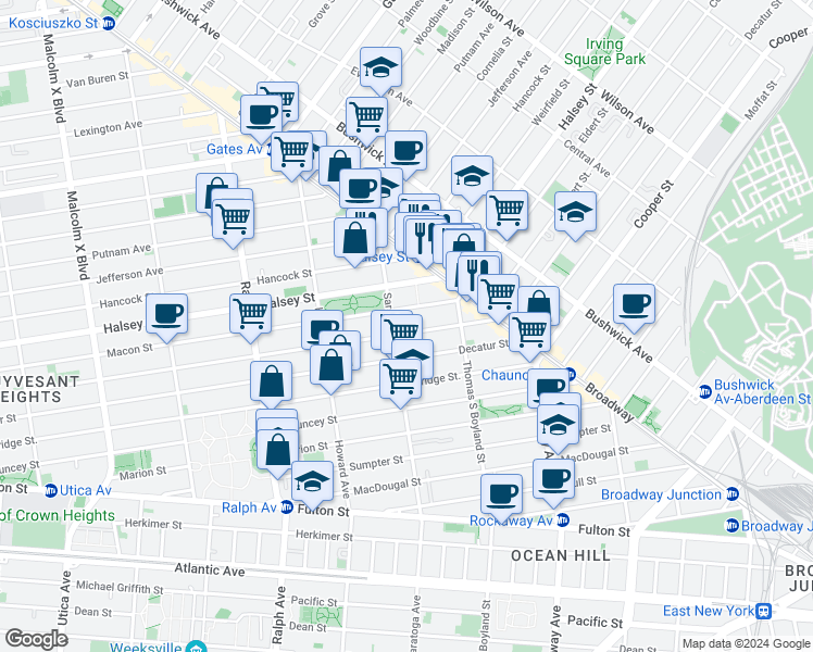 map of restaurants, bars, coffee shops, grocery stores, and more near 842 Macon Street in Brooklyn