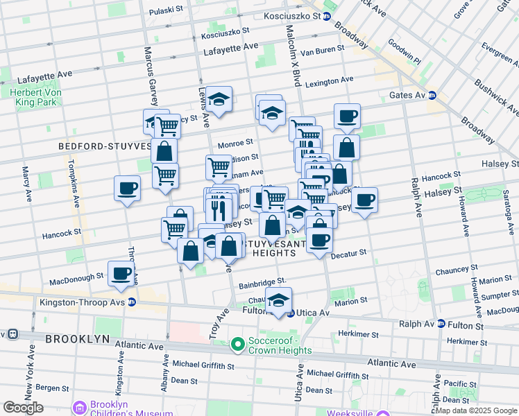 map of restaurants, bars, coffee shops, grocery stores, and more near 545 Hancock Street in Brooklyn