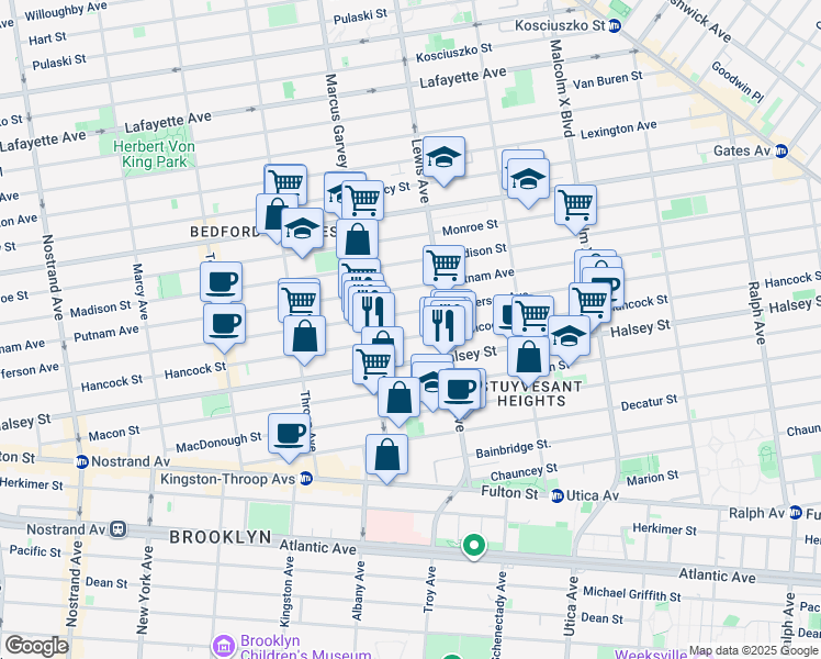 map of restaurants, bars, coffee shops, grocery stores, and more near 538 Jefferson Avenue in Brooklyn