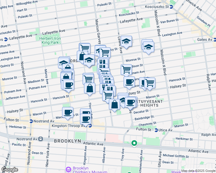 map of restaurants, bars, coffee shops, grocery stores, and more near 498 Jefferson Avenue in Brooklyn