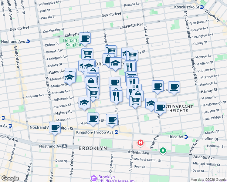 map of restaurants, bars, coffee shops, grocery stores, and more near Jefferson Ave & Throop Ave in Brooklyn