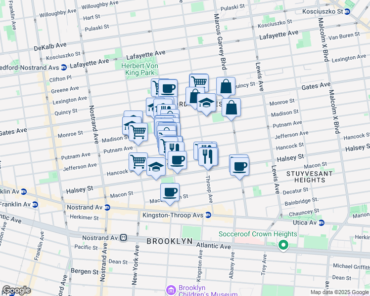 map of restaurants, bars, coffee shops, grocery stores, and more near 385 Jefferson Avenue in Brooklyn
