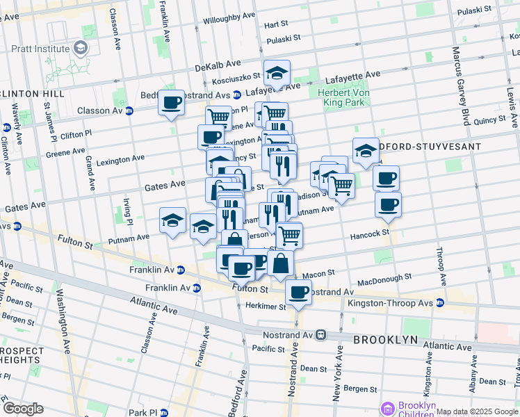 map of restaurants, bars, coffee shops, grocery stores, and more near 192 Madison Street in Brooklyn