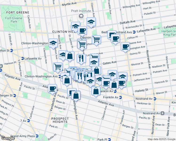map of restaurants, bars, coffee shops, grocery stores, and more near 377 Grand Avenue in Brooklyn