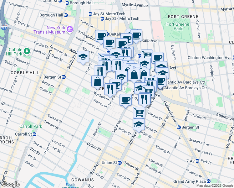 map of restaurants, bars, coffee shops, grocery stores, and more near 268 Dean Street in Brooklyn