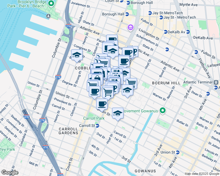 map of restaurants, bars, coffee shops, grocery stores, and more near 36 Butler Street in Brooklyn
