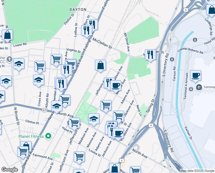 map of restaurants, bars, coffee shops, grocery stores, and more near 1012 Madison Avenue in Elizabeth