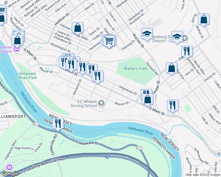 map of restaurants, bars, coffee shops, grocery stores, and more near 110 McKeen Street in Phillipsburg