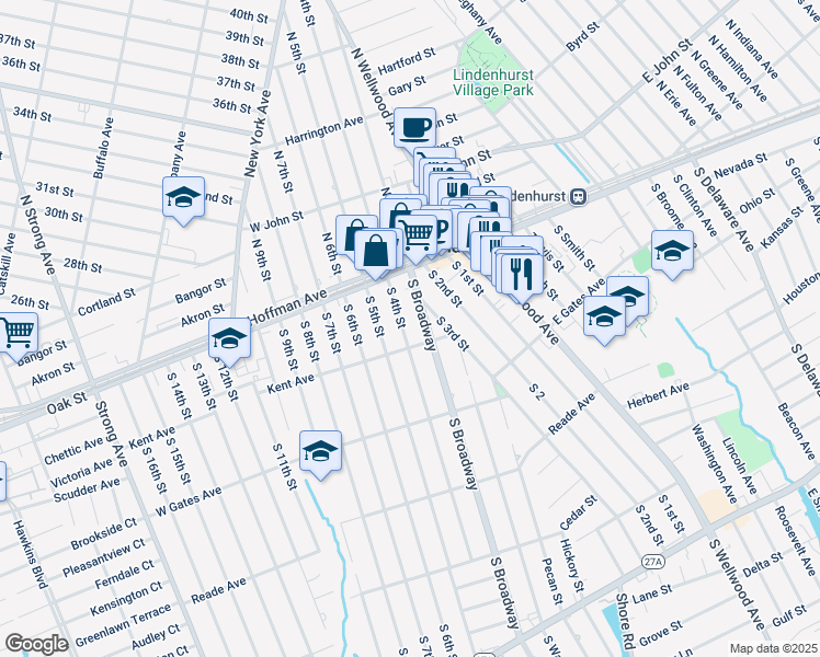 map of restaurants, bars, coffee shops, grocery stores, and more near 175 South Broadway in Lindenhurst