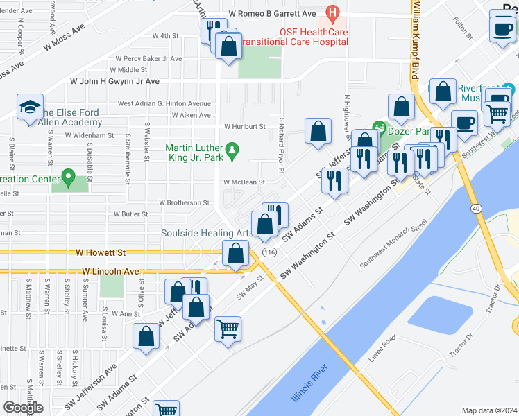 map of restaurants, bars, coffee shops, grocery stores, and more near 1228 Southwest Saint Martin Drive in Peoria