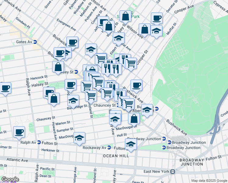 map of restaurants, bars, coffee shops, grocery stores, and more near 25 Cooper Street in Brooklyn
