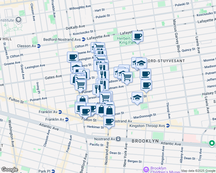 map of restaurants, bars, coffee shops, grocery stores, and more near 224 Madison Street in Brooklyn