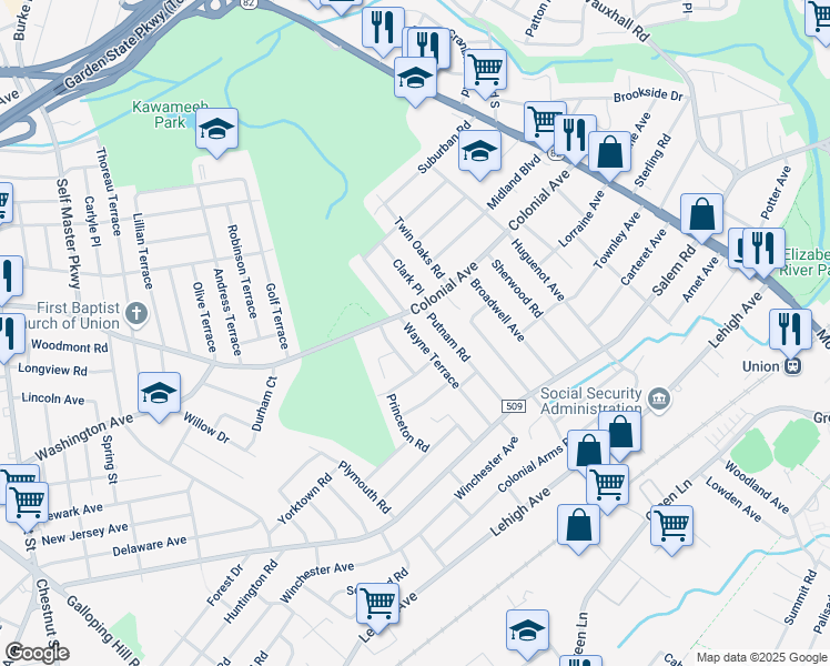 map of restaurants, bars, coffee shops, grocery stores, and more near in Union