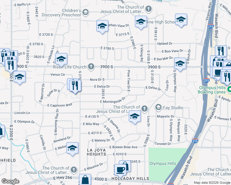 map of restaurants, bars, coffee shops, grocery stores, and more near 2905 East Wardway Drive in Salt Lake City