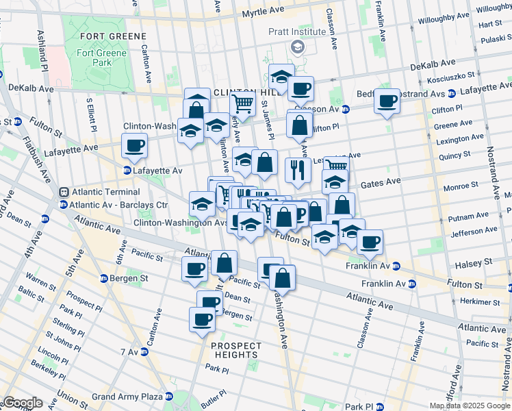 map of restaurants, bars, coffee shops, grocery stores, and more near 484 Washington Avenue in Brooklyn
