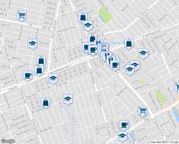 map of restaurants, bars, coffee shops, grocery stores, and more near 175 South Broadway in Lindenhurst