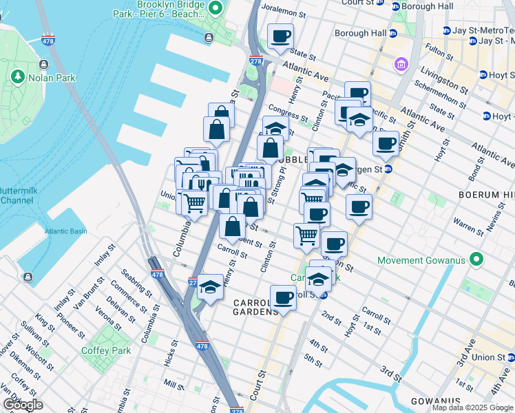 map of restaurants, bars, coffee shops, grocery stores, and more near 492 Henry Street in Brooklyn