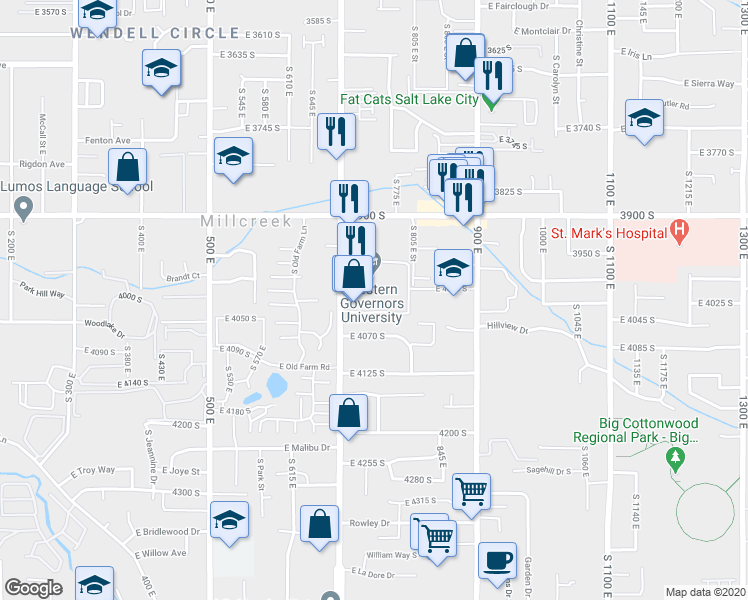 map of restaurants, bars, coffee shops, grocery stores, and more near 4021 South 700 East in Murray