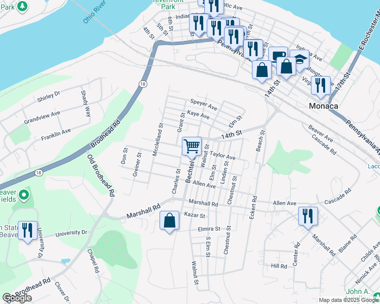 map of restaurants, bars, coffee shops, grocery stores, and more near 1030 Bechtel Street in Monaca