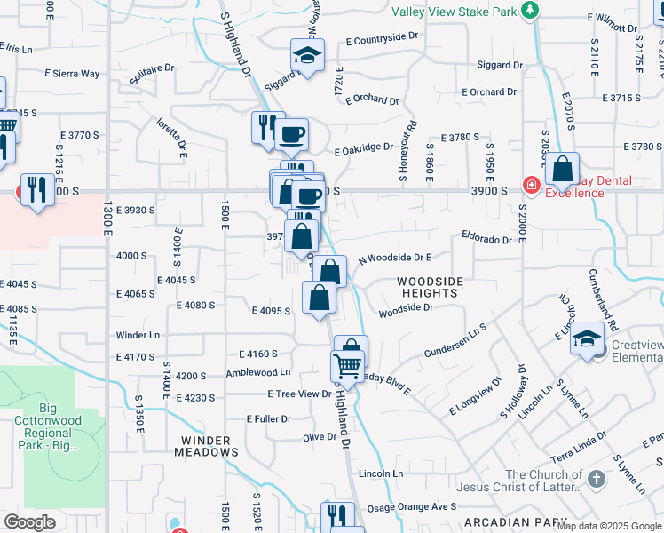 map of restaurants, bars, coffee shops, grocery stores, and more near 1701 Woodside Drive in Holladay