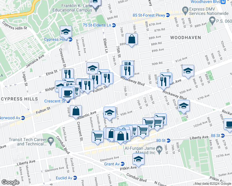 map of restaurants, bars, coffee shops, grocery stores, and more near 93-01 Eldert Lane in Queens
