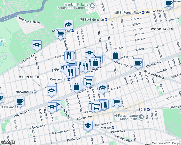map of restaurants, bars, coffee shops, grocery stores, and more near 3436 Fulton Street in Brooklyn