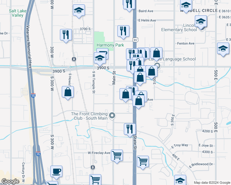 map of restaurants, bars, coffee shops, grocery stores, and more near 4019 South Main Street in Millcreek