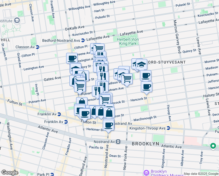 map of restaurants, bars, coffee shops, grocery stores, and more near 224 Madison Street in Brooklyn